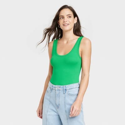 Women's Double-Scoop Bodysuit - A New Day™ Green L: Cotton Modal Spandex, Sleeveless, Crotch Snap