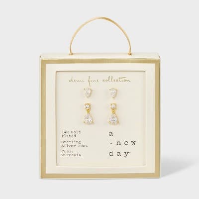 14k Gold Plated Cubic Zirconia Teardrop and Dangle Stud Earring Set 2pc - A New Day™ Gold: Brass, Nickel-Free, Post Closure