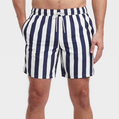 Men's 7" Striped Swim Trunks - Goodfellow & Co™ Navy/White S: UPF 50+, Elastic Waistband, Drawstring