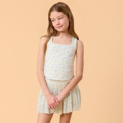 Blogilates Girls' Mommy & Me Ruffle Back Tank Top - White Floral Print L
