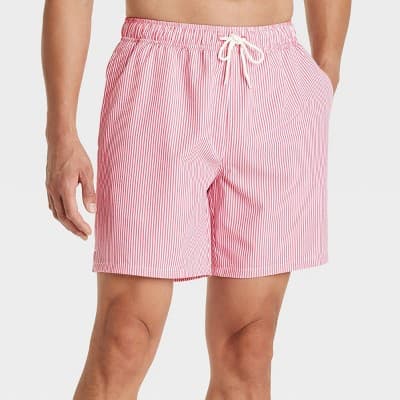 Men's 7" Striped Seersucker Swim Trunks - Goodfellow & Co™ Red L