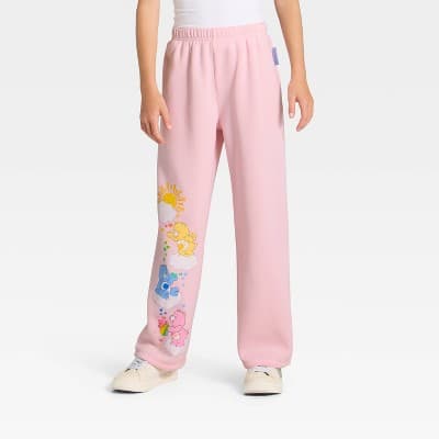 Girls' Care Bears Wide Leg Fleece Sweatpants - Light Pink S