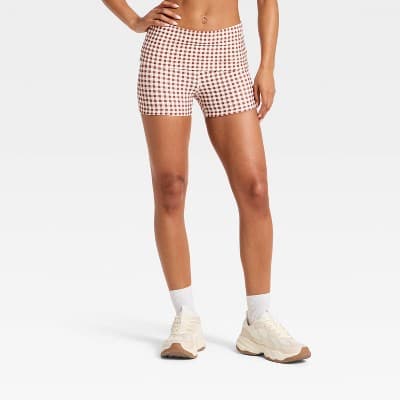 Women's Foldover Waistband Bike Shorts 3" - JoyLab™ Brown Gingham XXL