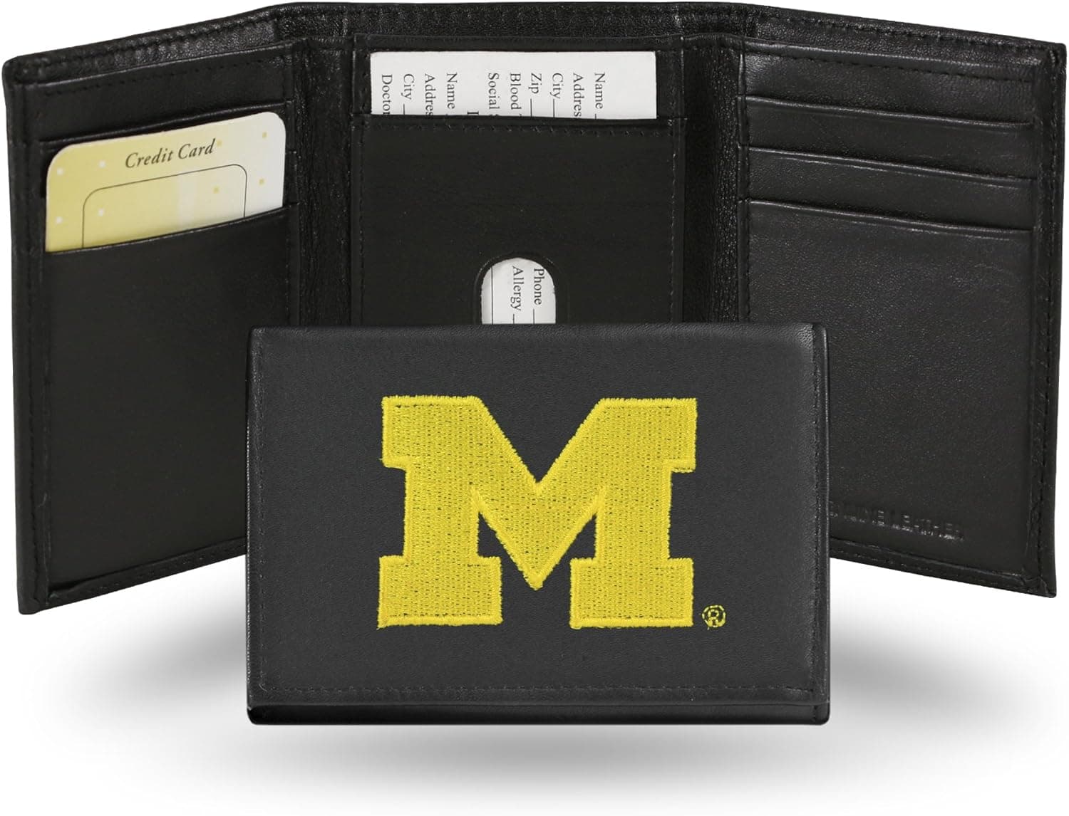 Rico Industries NCAA Embroidered Leather Trifold Wallet, Michigan Wolverines, Black, 3.25 x 4.25-"