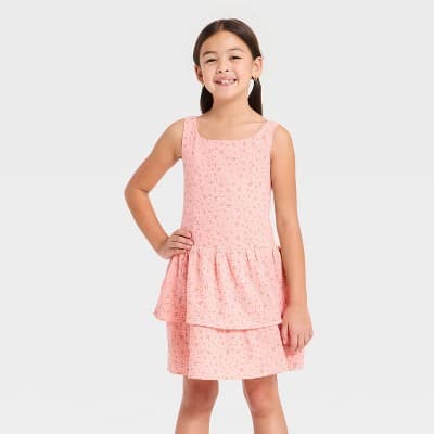 Girls' Drop Waist Tiered Floral Dress - Cat & Jack™ Coral Pink XS
