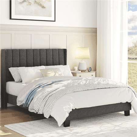 Renwick Upholstered Platform Full Bed with Wing Side, All Ages, Dark Gray