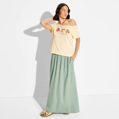 Women's Fruit Off The Shoulder Short Sleeve Graphic T-Shirt - Lemon Yellow XXS