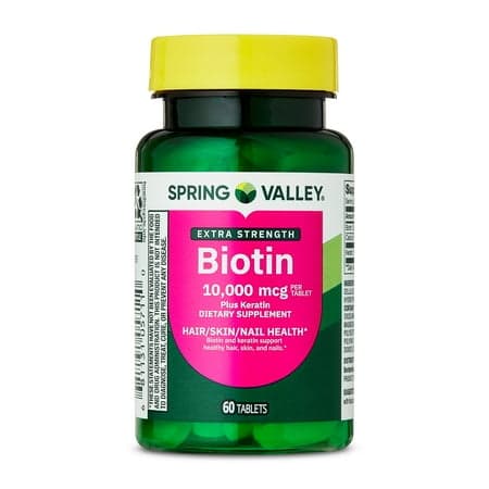 Spring Valley Extra Strength Biotin Plus Keratin Dietary Supplement Tablets for Hair/Skin/Nail Health, 10,000 mcg, 60 Count