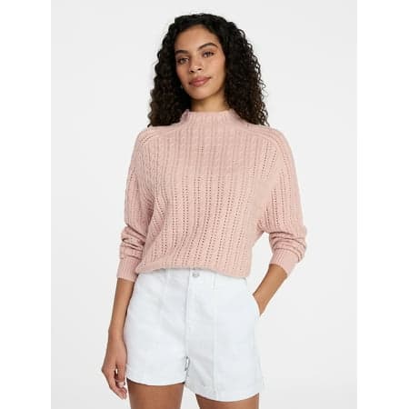 Time and Tru Women's Pointelle Mock Neck Sweater with Long Sleeves, Lightweight, Sizes, XS-XXXL