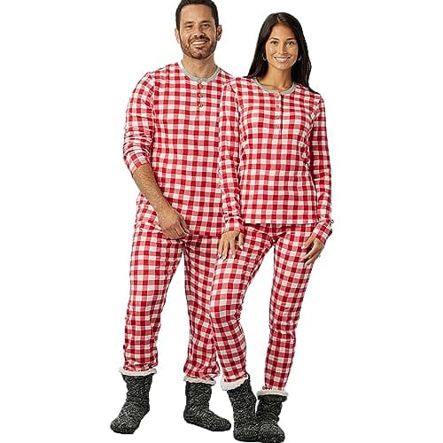HonestBaby Baby-Organic Cotton Holiday Family Jammies, Painted Buffalo Check Red, Women's 2-Piece Pajama Set Small