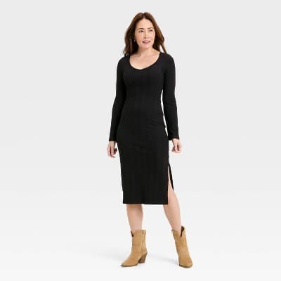 Women's Bell Long Sleeve Rib Midi Bodycon Dress - Universal Thread™ Black M