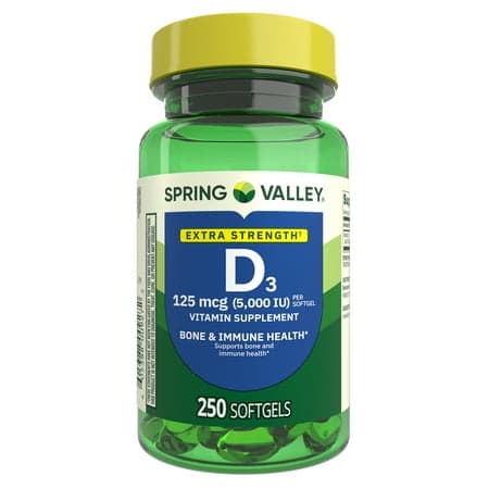 Spring Valley Extra Strength Vitamin D3 Softgels, 125 mcg (5000 IU), 250 Count, Supplement for Bone and Immune Health