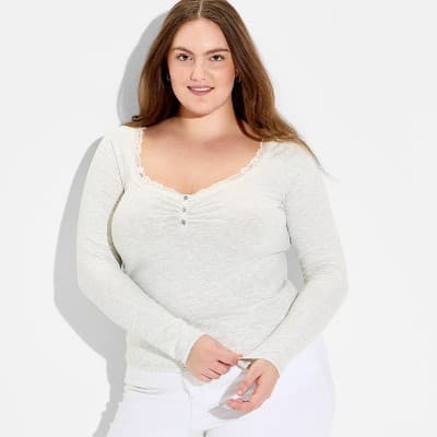 Women's Long Sleeve Lace Henley Shirt - Wild Fable™ Heather Gray 2X