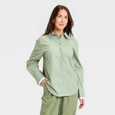 Women's Long Sleeve Button-Up Double Cuff Shirt - A New Day™ Green Striped XS