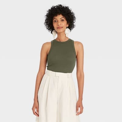 Women's Slim Fit Ribbed Tank Top - A New Day™ Olive 1X: Cotton Modal Blend, Crew Neck, Sleeveless