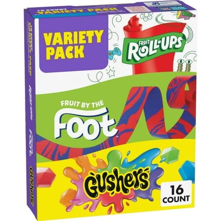 Fruit Roll-Ups, Fruit by the Foot, Gushers, Snacks Variety Pack, 16 Ct, 10.2 oz