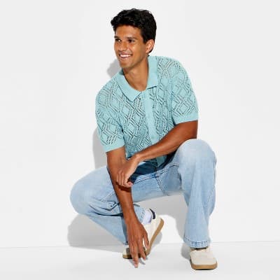 Men's Short Sleeve Button-Up Sweater - Original Use™ Blue L