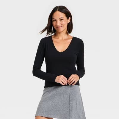 Women's Sculpt Long Sleeve V-Neck Top - A New Day™ Black L