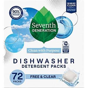 Prime: 72-ct Seventh Generation Dishwasher Detergent Packs (Free & Clear) 3 for $24.45