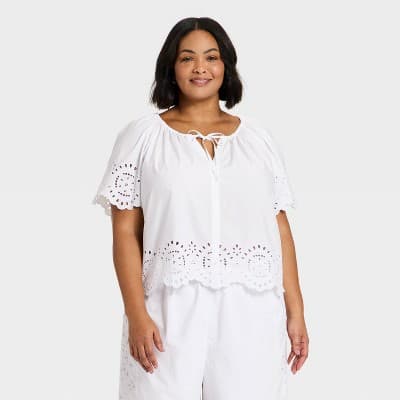 Women's Short Sleeve V-Neck Button-Front Eyelet Blouse - A New Day™ White 2X
