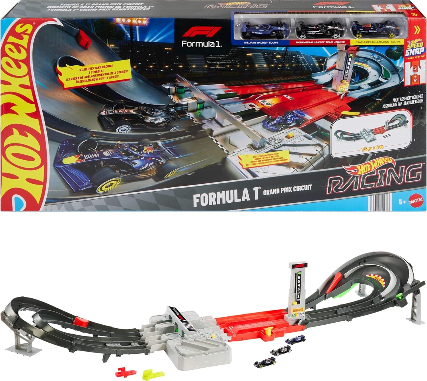 Hot Wheels Toy Car Track Set, Formula 1 Grand Prix Circuit Track Set with 3 1:64 Scale Die-Cast Toy Cars, Two Modes of Racing with a Motorized Booster