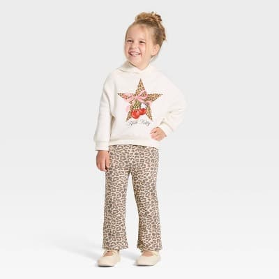 Toddler Girls' 2pc Hello Kitty Animal Print 2pc Fleece Hooded Sweatshirt & Pants Set - Off-White 3T
