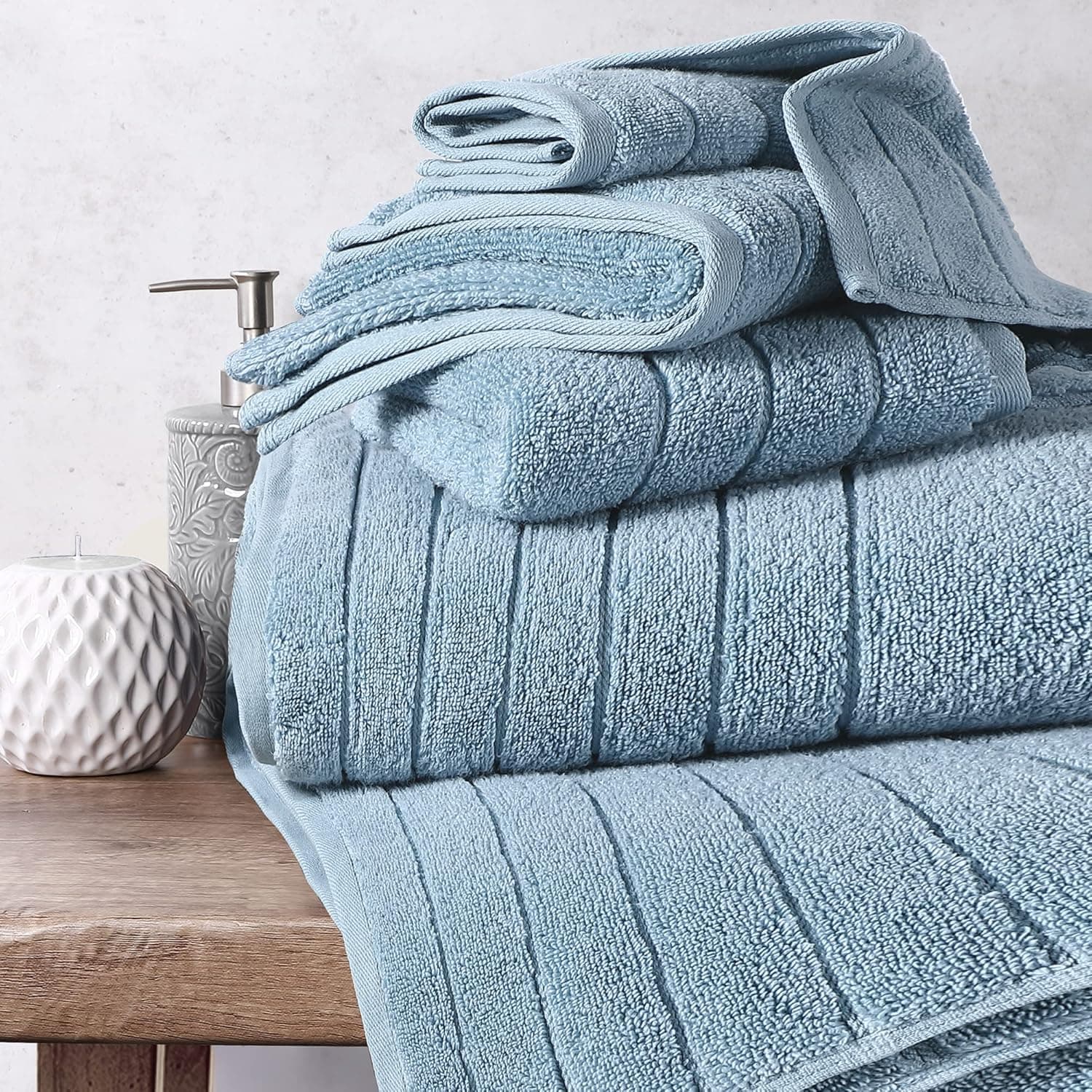 Anne Klein 6-Piece Reverie Towel Set, 2 Bath Towels, 2 Hand Towels, 2 Wash Cloths, 100% Cotton, Chambray Blue