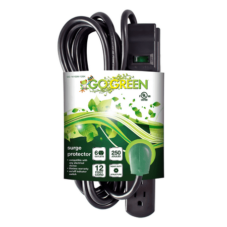 GoGreen Power (GG-16103M-12BK) 6 Outlet Surge Protector, 250 Joules, Black, 12ft Cord, 15 AMP circuit breaker, Right Angle Plug