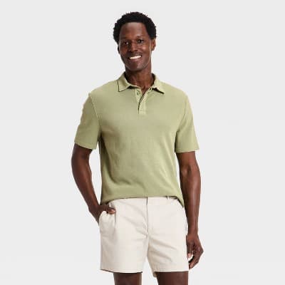 Men's Vintage Polo Shirt - Goodfellow & Co™ Olive Green M: Cotton, Midweight, Standard Fit, Pullover