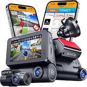 ROVE R3 Dash Cam - 3-Channel Front, Rear, and Cabin Recording