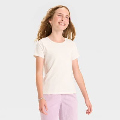 Girls' Short Sleeve Fitted T-Shirt - Cat & Jack™ Light Cream S
