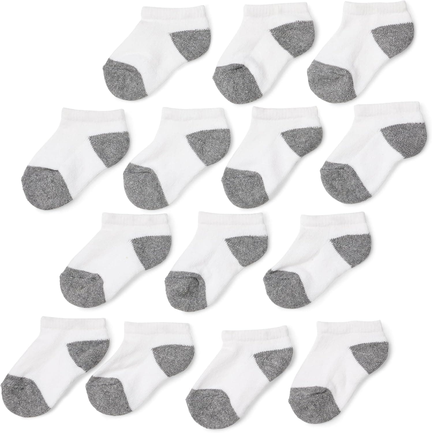 Amazon Essentials Big Boy's 14-Pack Cotton Low Cut Sock Sockshosiery, White/Grey Heather Heel, Toe, 5 1/2 to 8 1/2