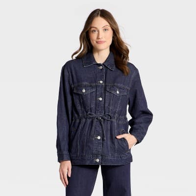 Women's Cinched Waist Trucker Denim Jacket - Universal Thread™ Dark Wash L