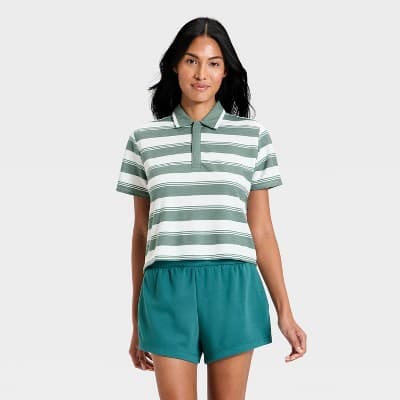 Women's Boxy Crop Polo Tee Shirt -All In Motion™ Forest Green Stripe 4X