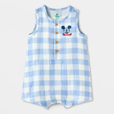 Baby Boys' Disney Mickey Mouse 4th of July Gingham Romper - Light Blue 3-6M