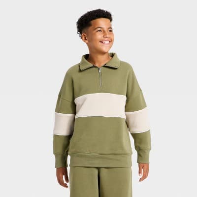 Boys' Fleece Rugby Striped Quarter Zip Sweatshirt - art class™ Sage Green XL