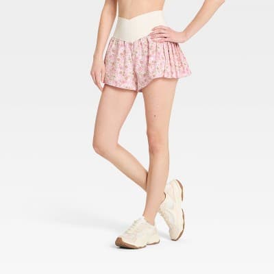 Women's Crossover Waistband Pleated Side Woven Shorts - JoyLab™ Pink Floral M