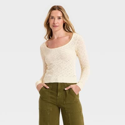 Women's Scoop Neck Pullover Sweater - Universal Thread™ Cream S