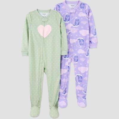 Carter's Just One You® Toddler Girls' 2pk Cotton Long Sleeve Heart Footed Pajama - Purple/Sage Green 3T