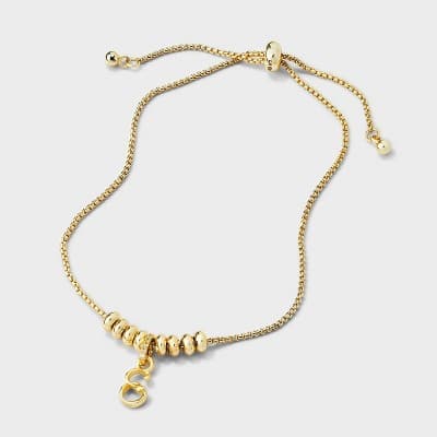 14k Gold Dipped Letter "E" Twist Initial with Cubic Zirconia Bail Bolo Bracelet - A New Day™ Gold