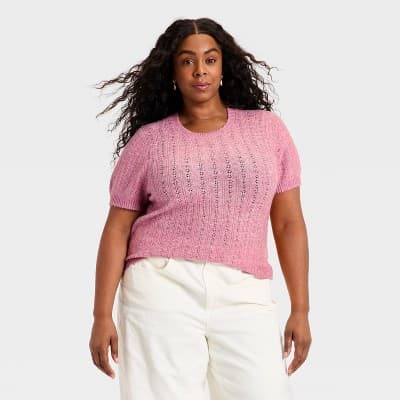 Women's Short Sleeve Pointelle Crewneck Pullover Sweater - Universal Thread™ Pink 2X