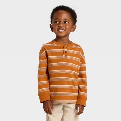 Toddler Boys' Textured Long Sleeve Knit Shirt - Cat & Jack™ Brown 12M