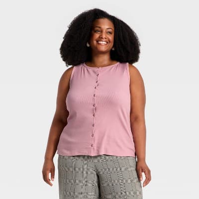 Women's Slim Fit Modern Ribbed Button-Front Tank Top - A New Day™ Pink XXL