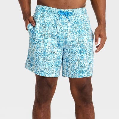 Men's 7'' Patterned Swim Trunks - Goodfellow & Co™ Blue Geo M