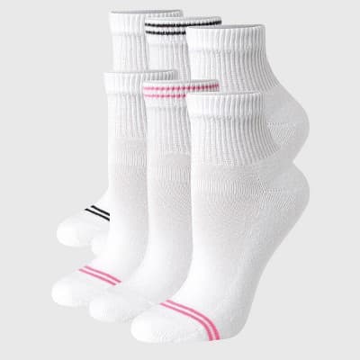 Hanes Women's Striped Cushioned 6pk Ankle Socks - White/Pink/Black 5-9: Midweight Knit, Cushioned Sole, 4-Way Stretch