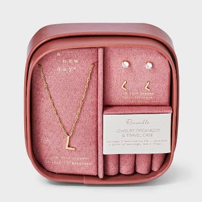 Brass Polished Letter "L" Charm Necklace & Cubic Zirconia Stud Earrings 3pc Set - A New Day™ Gold