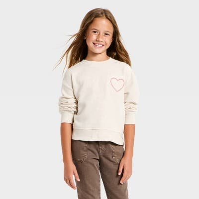 Girls' French Terry 'Heart' Pullover Sweatshirt - Cat & Jack™ Oatmeal M