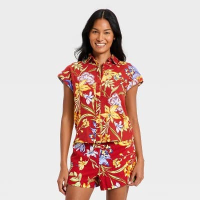 Women's Button-Up Linen Shirt - A New Day™ Red M