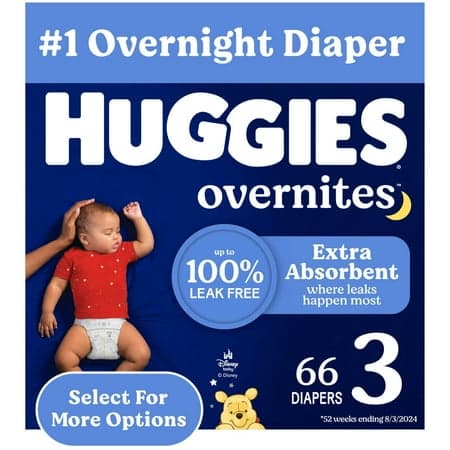 Huggies Overnites Nighttime Baby Diapers, Size 3 (16-28 lbs), 66 Count (Select for More)