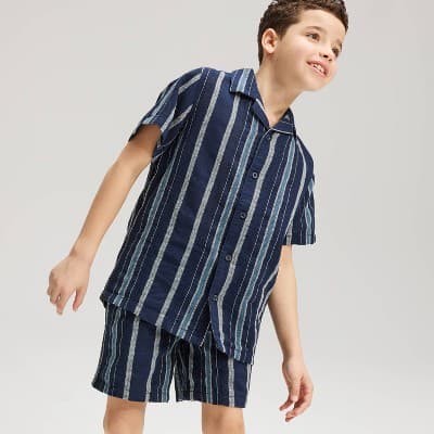 Boys' Short Sleeve Striped Linen Blend Button-Up Shirt - Cat & Jack™ Blue M